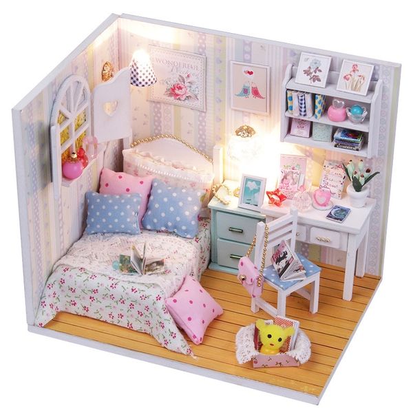 

kits diy wooden doll house bed miniature with led light furniture dust cover furniture gift miniatures drop shipping y200413
