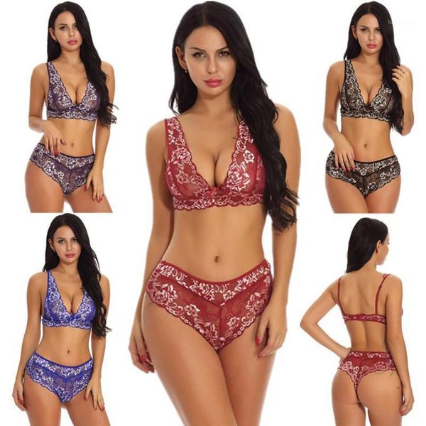 

women nightwear, lace lingerie, floral hollow v-neck sling elastic briefs casual underwear1, Red;black