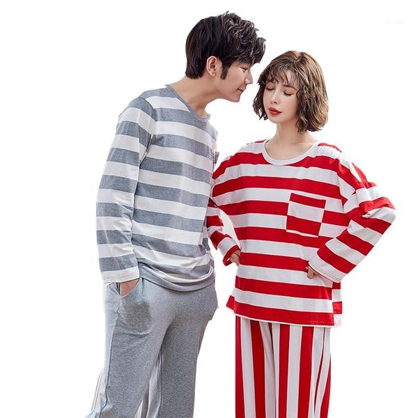 

2019 lover pajamas spring autumn cotton couple pajamas set sleepwear men and women home wear mujer1, Black;red