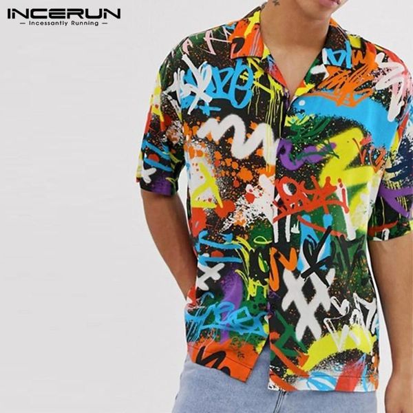 

incerun 2020 summer men printed shirts short sleeve loose lapel shirt casual breathable camisa men holiday hawaiian shirts s-3xl1, White;black