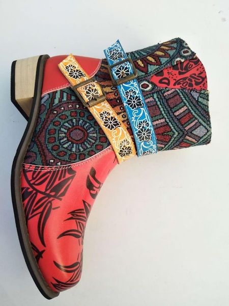 

real p: european and american martin boots, women's british retro stitching jacquard low heel boots, plus size boots 9.5 10, Black