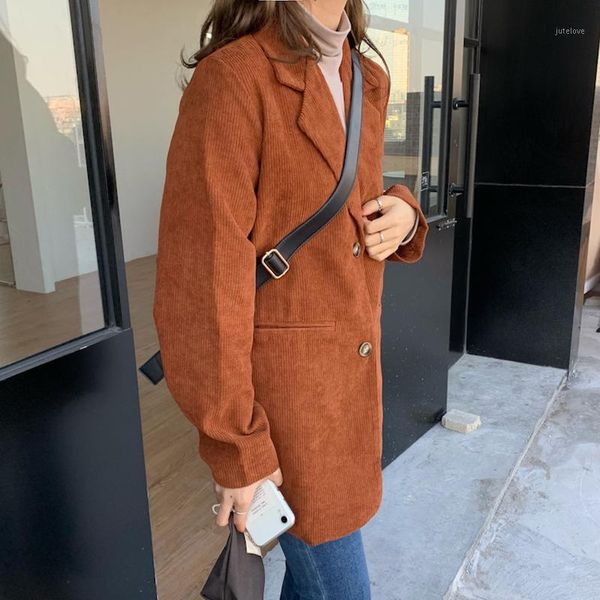 

lucyever fashion korean corduroy blazer women elegant loose sashes suits coat woman pocket long sleeve coffee blazers female1, White;black