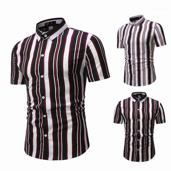 

men's casual shirts 2021 summer products men fashion stripes single breasted short-sleeved shirt1, White;black