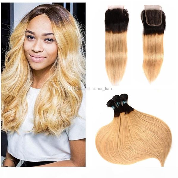 

dark root honey blonde ombre hair with lace closure black to 27 blonde human russian remy hair 3 bundles with human hair closure, Black;brown