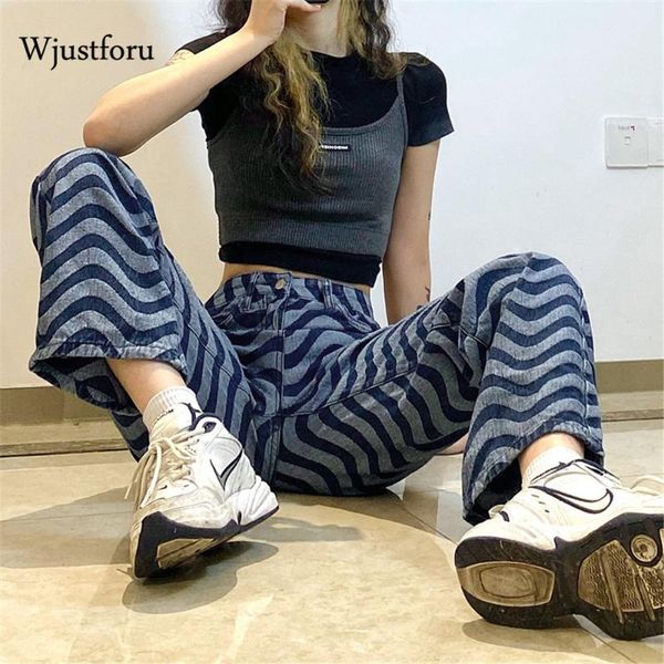 

wjustforu vintage printing stripe jeans women streetwear casual high waist straight pants woman baggy jeans trousers 2021, Blue