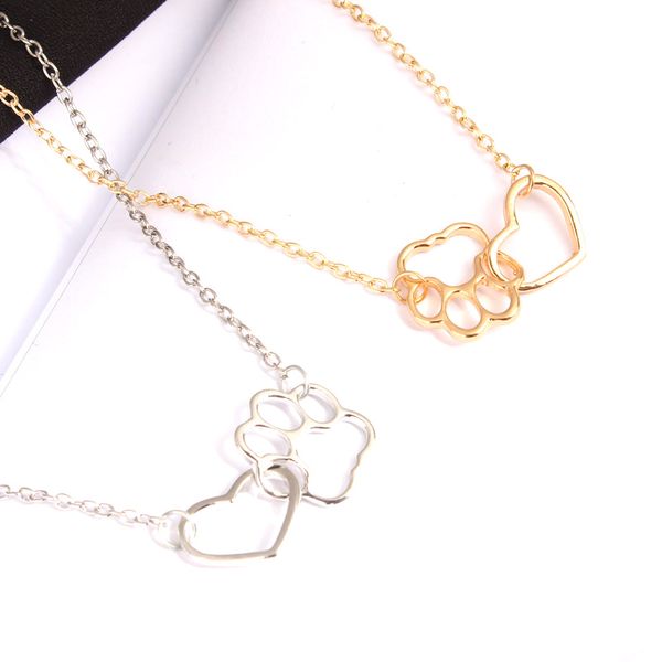 

women cat dog hollow pendant necklace love heart lady jewelry h9, Silver