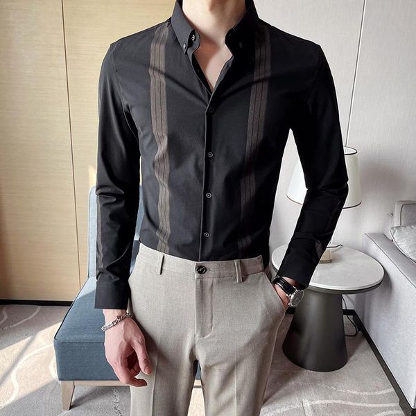 

spring new 2021 british style long sleeve men striped shirts fashion business formal wear slim fit dress blouses, White;black