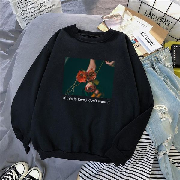 

korean ins retro cartoon letter flower print rose loose black casual chic new harajuku warm long sleeve female sweatshirt