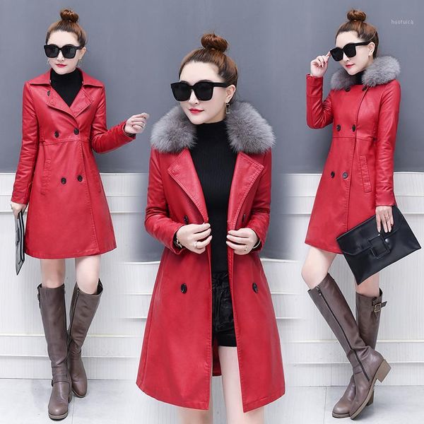 

m-3xl 2019 winter new women long leather trench coat female fashion big fur collar thick plus cotton slim plus size windbreaker1, Black