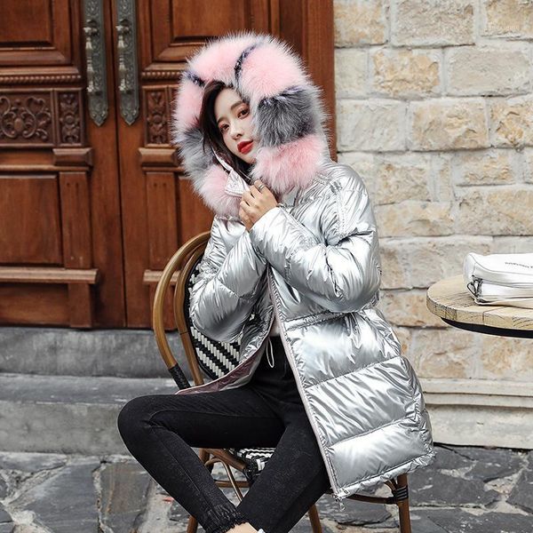 

2020 coat women's winter jacket shiny thick warm coat big fur collar female korean style parkas jacket casual outwear1, Black
