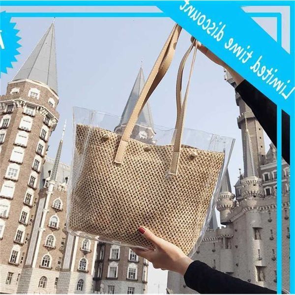 

3pcs fashion summer women pvc&weave transparent large capacity composite khaki black brief beach bag