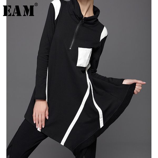 

[eam] 2020 new spring solid color stand collar long sleeve irregular split joint loose sweatshirt women fashion tide lj201102, Black