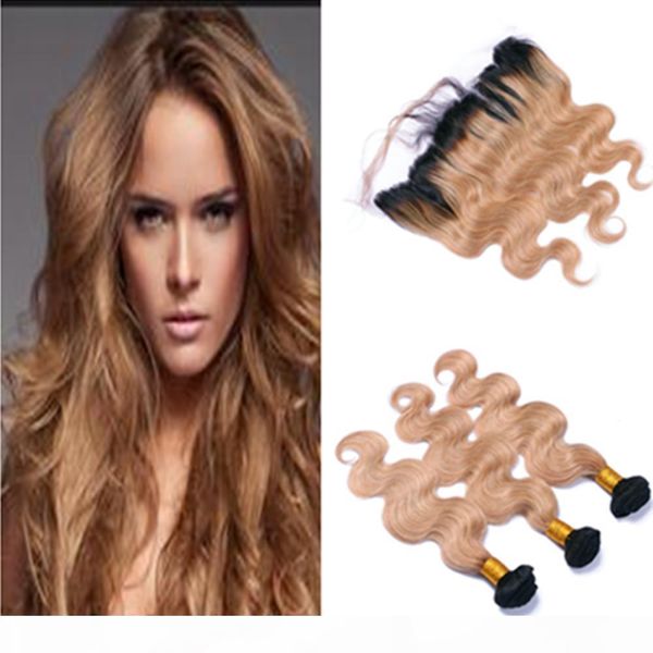 

honey blonde ombre hair with lace frontal closure 4pcs body wave #1b 27 two tone dark root ombre human hair wefts with frontal, Black;brown