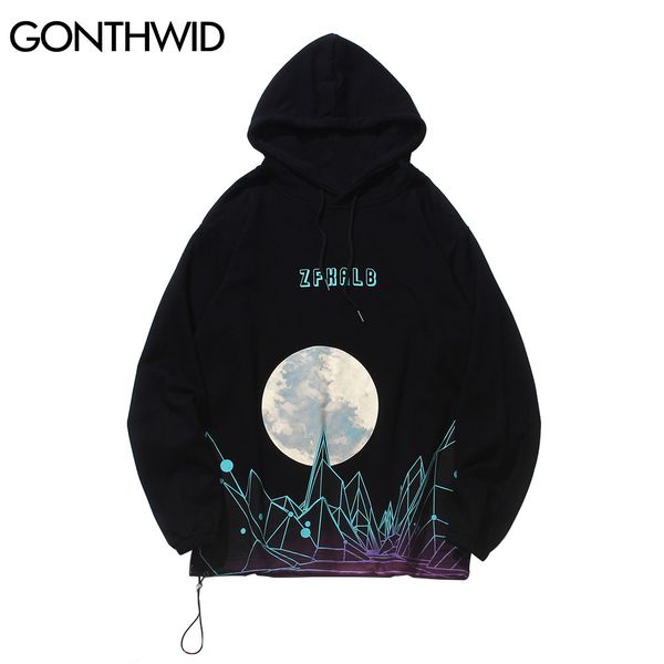 

3d line mountain moon print sweatshirts streetwear hip hop casual pullover hooded hoodies men women harajuku male kg-173, Black