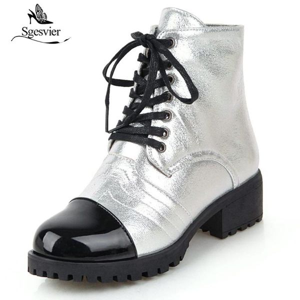 

boots sgesvier white gold silver lace up gothic combat for women block heel shoes glitter bling ladies ankle motorcycle, Black