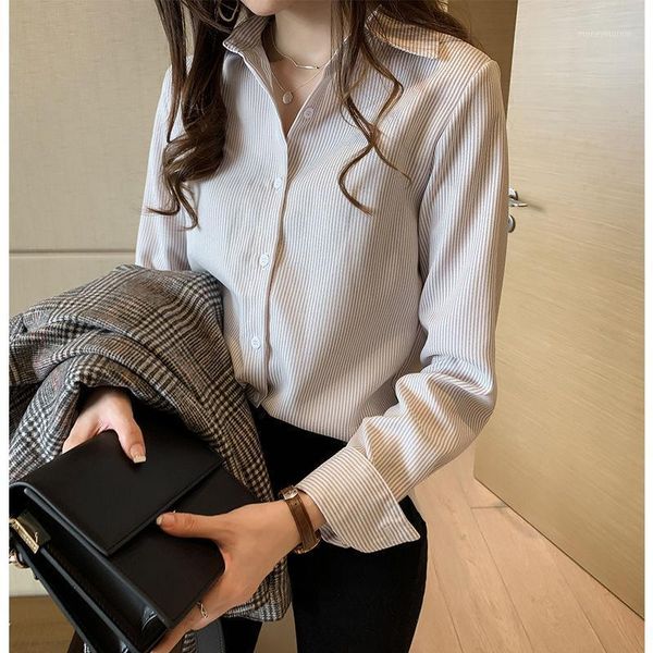 

women's blouses & shirts 2021 spring women blouse striped turn-down collar office lady full sleeve blue fashion k226 plus size 4xl1, White