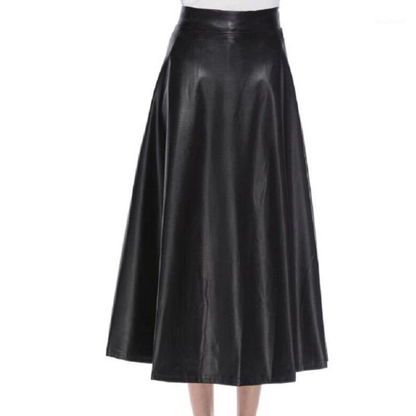 

autumn winter high waist pleated skirts womens elegant a-line black pu leather skirt casual punk gothic long maxi skirts saia1