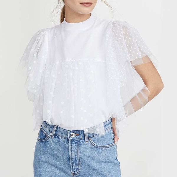 

female elegant office shirts fashion short sleeve lace blouse autumn mesh casual loose solid patchwork blusas 5xl 1, White