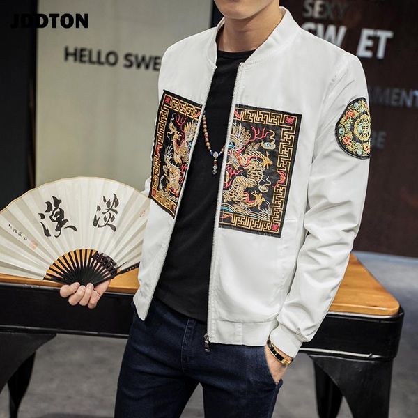 

jddton men's embroidery jacket spring autumn dragon robe outwear windbreaker chinese style coat casual loose male overcoat je387, Black;brown