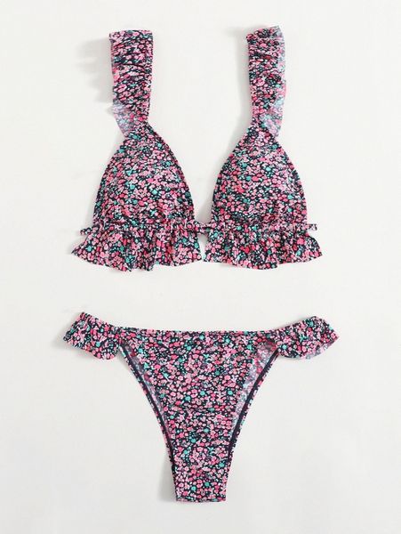 

ditsy floral ruffle triangle bikini swimsuit z91k#, White;black