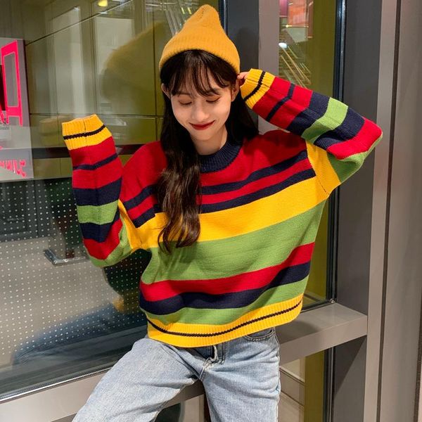

women's sweaters chic cute retro striped loose sweater japanese kawaii ulzzang female korean harajuku clothing for women, White;black