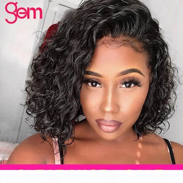 

water wave wig 4x4 lace closure short bob wigs for black women gem brazilian remy human hair lace front wigs pixie cut bob wig, Black;brown