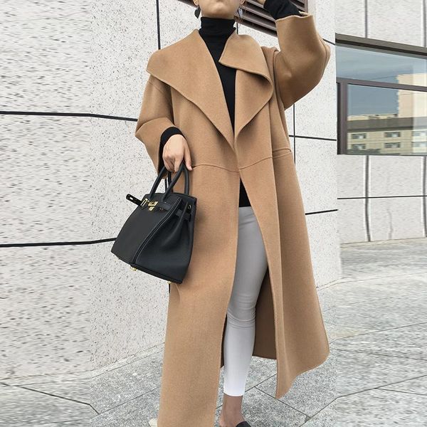 

trench nordic women wool cashmere double-faced wool cashmere silhouette side slit long coat, Black