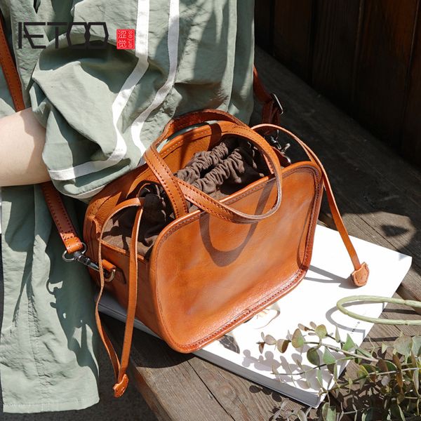 HBP Aetoo Made de ombro único de ombro, Lady Lady Drawstring Leather, bolsa, bolsa vintage de couro bronzeado feminino