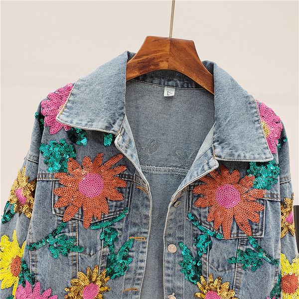 

2021 New Spring Summer Woman's Jacket Sequins Floral Embroidered Long Sleeve Denim Female Flower Loose Coat Woman Nq1z, Black;brown