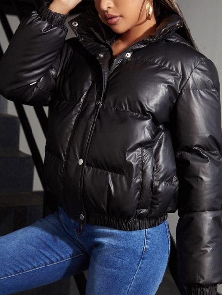 

slant pockets hooded puffer coat d3qa#, Black