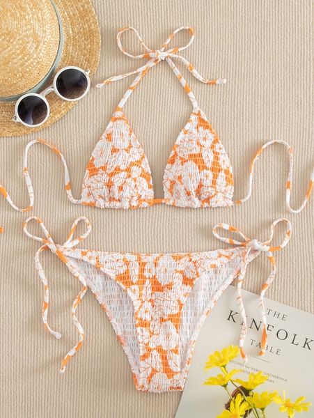 

floral smocked triangle tie side bikini swimsuit l48o#, White;black