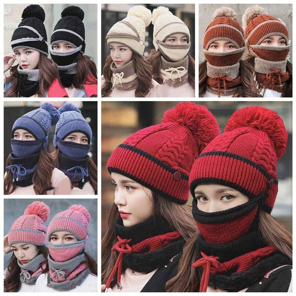 

3pcs winter thicken warm knitted pompom beanie hat cap mask neck scarf set xmas gifts winter hats set for women, Blue;gray