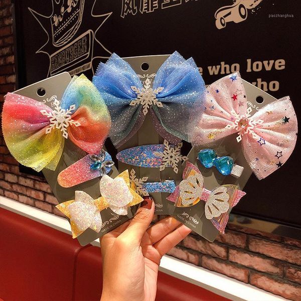 

hair accessories 3pcs/set girls colorful floral print bowknot starry mesh hairpin band snowflake ribbon bows princess accessories1, Slivery;white