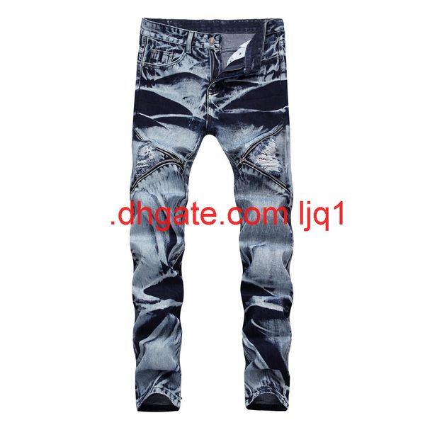 

new jeans men's zipper with holes reminiscent of men's jeans, Blue