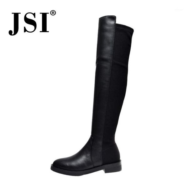 

boots jsi knee-high fashion woman winter basic genuine leather low square heel round toe solid ladies slip on long jo6261, Black