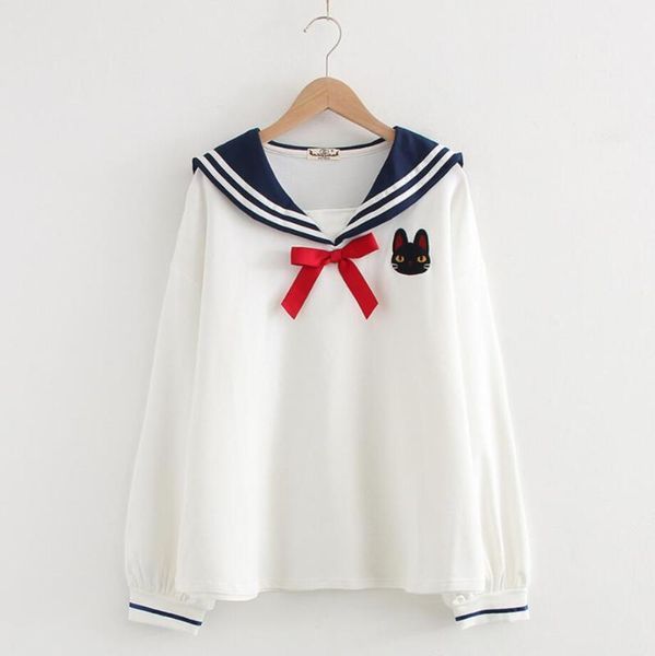 

2020 autumn japanese mori girl preppy style kawaii lolita cartoon cat embroidery shirt long sleeve blouse r14331, White