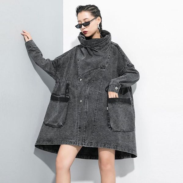 

europe station 2020 spring autumn new style new wash wash old fried denim trench coat high-necked cardigan plus size coats b721, Tan;black