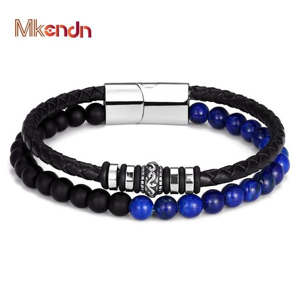 

mkendn men natural stone genuine braided leather bracelet stainless steel magnetic clasp lapis lazuli bead bracelet jewelry bbyfff