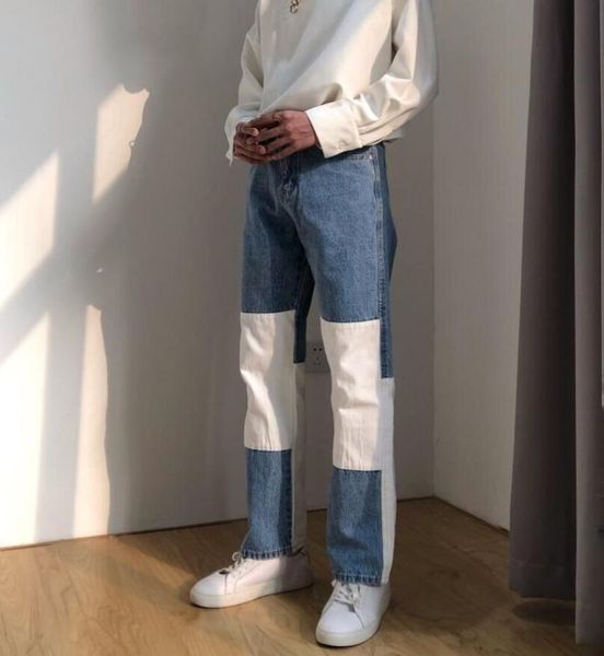 

men wash splice casual straight jeans trousers korea japan style male fashion streetwear loose hip hop denim pants w251, Blue