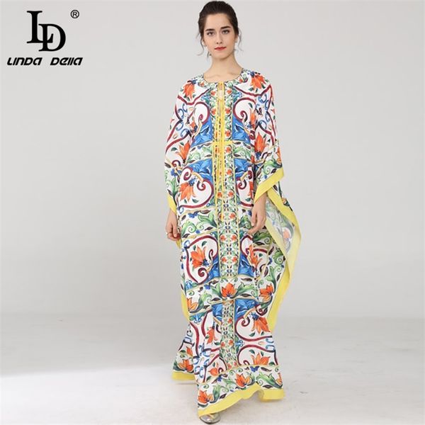 Ld Linda Della 2020 Nova Runway Maxi Dress Mulheres Batwing Manga Halter Solto Ruffles Casual Floral Impressão Boho Beach Long Dress LJ200818