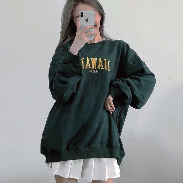 

women embroidery letters front oversized sweatshirt in dark green1, Black