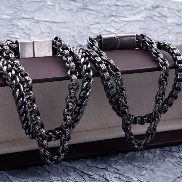 

men vintage brush stainless steel cast metal bracelet hiphop cool mens boys double chain biker bracelets bangle wrist jewelry, Black