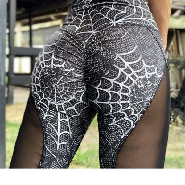 

black dark web spider print leggings high waist mesh fitness women leggings breathable patchwork dry quick pants