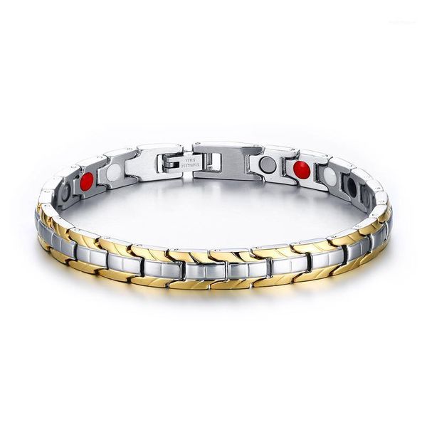 

men women sleek stainless steel magnetic energy therapy negative ion bracelet sports fashion jewelry pulseira masculina1, Golden;silver