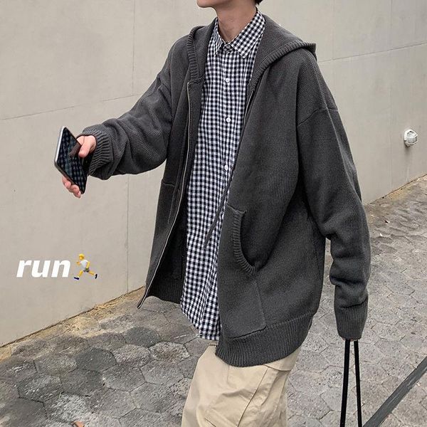 

2021 spring and autumn new youth popular men's loose solid color hong kong wind hooded knit cardigan fashion casual top, White;black