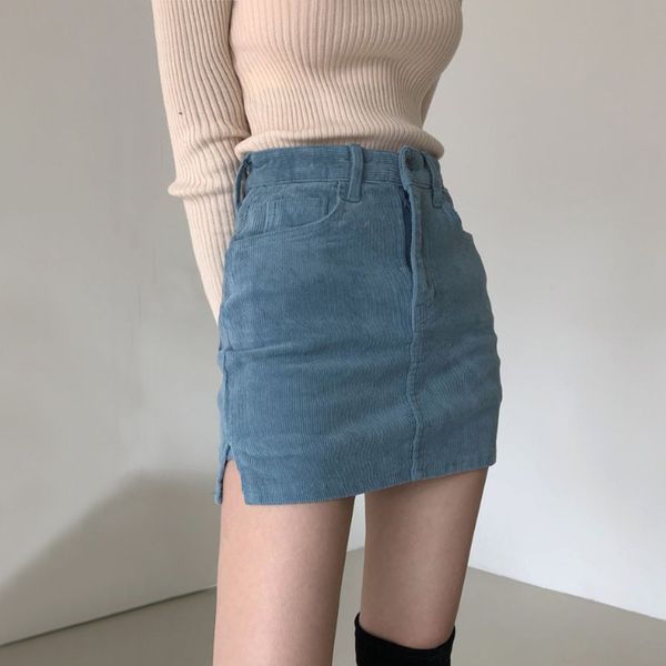 

women corduroy original mini skirt side split cord mini skirt, Black