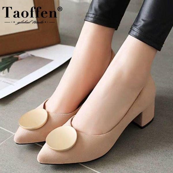 

taoffen square heel women pumps pointed toe flock mid-heel shoes solid color elegant slip on office lady shoes size 31-46, Black