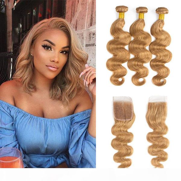 

body wave 27# colored hair bundles with closure malaysian peruvian brazilian blonde virgin human hair weave with 4x4 lace closure, Black;brown