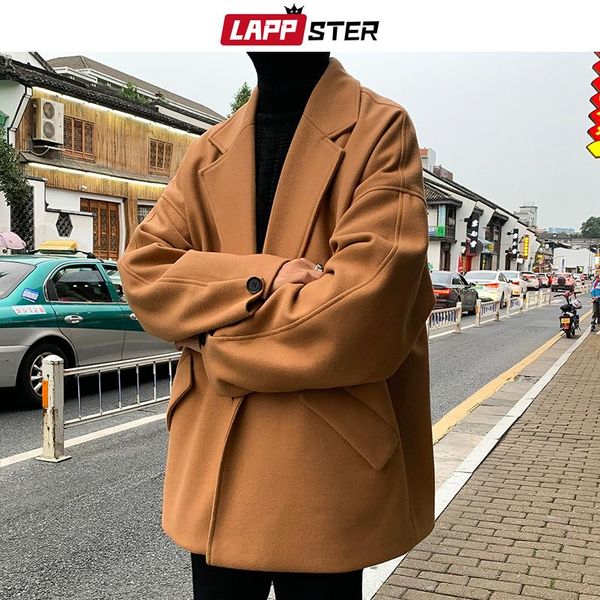 

lappster men brown wool long winter trench coat 2020 mens harajuku casual jackets coats male kpop button windbreaker plus size, Black