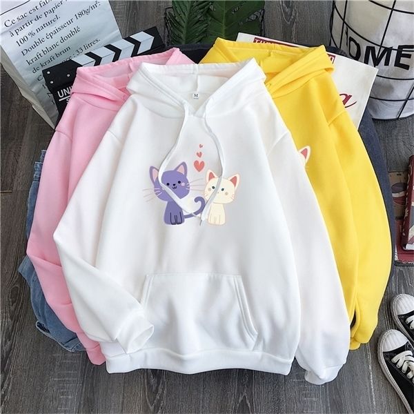 

harajuku cat printed long sleeve hoodies women winter autumn plush fleece hooded sweatshirt cute plus size pockets pullover 1014, Black